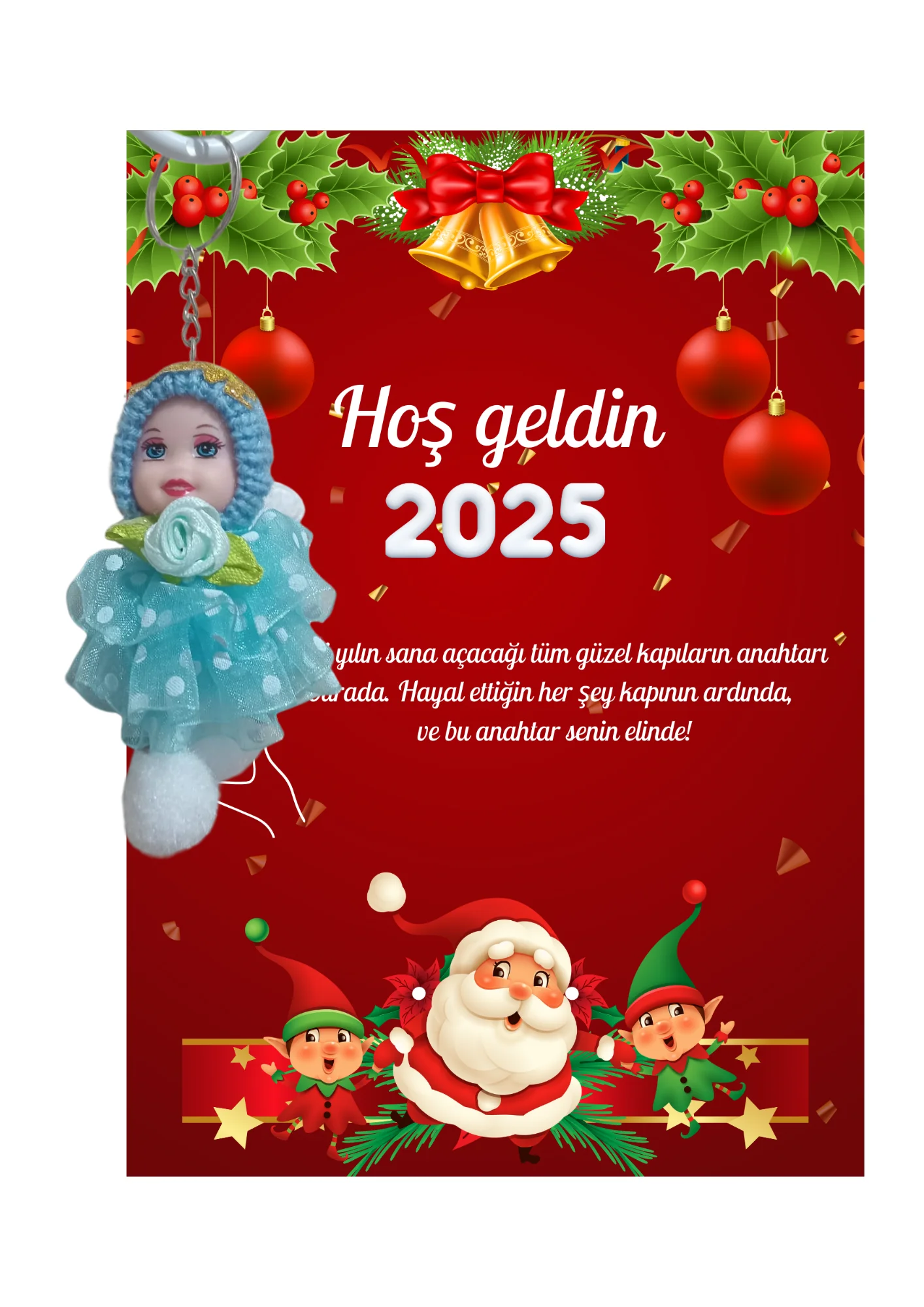 Yeni Yıl Noel Baba Kart Üzerinde Anahtarlık (Kişiye Özel Yazı Yaz