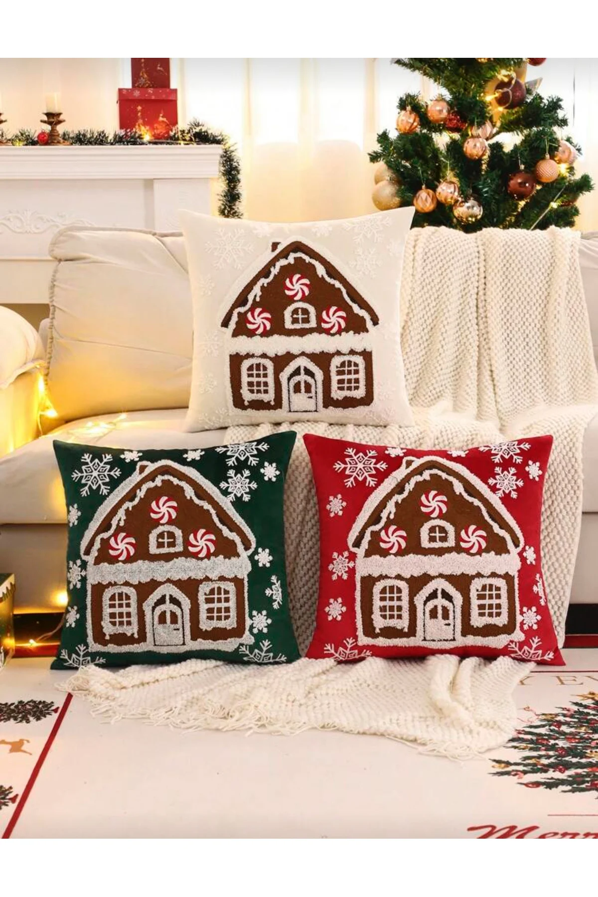 Yeni Yıl Noel Ev desenli yeşil kadife kırlent kılıfı