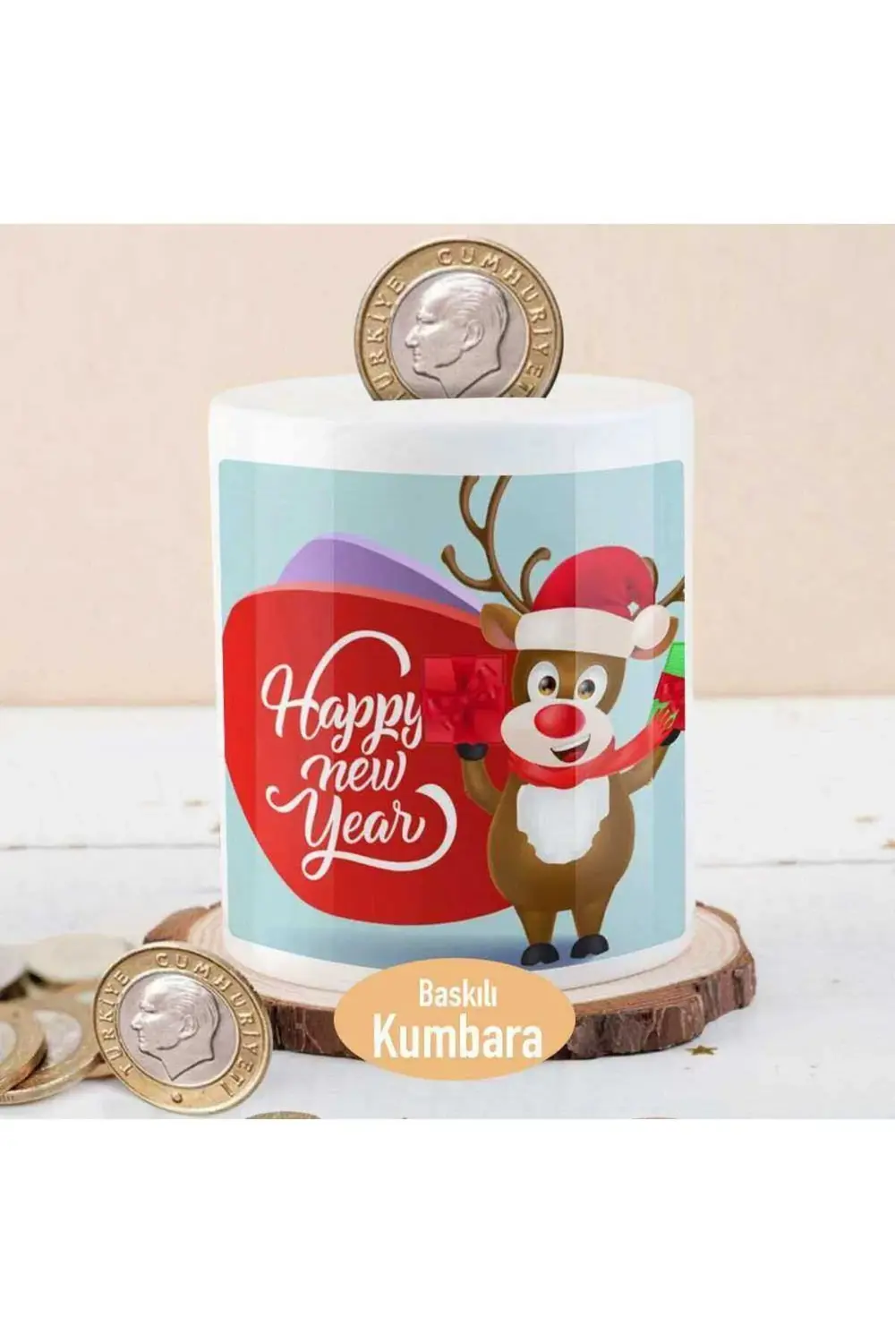 Yeni Yıl Noel Şapkalı Geyik Baskılı Para Birikim Kumbarası-16678