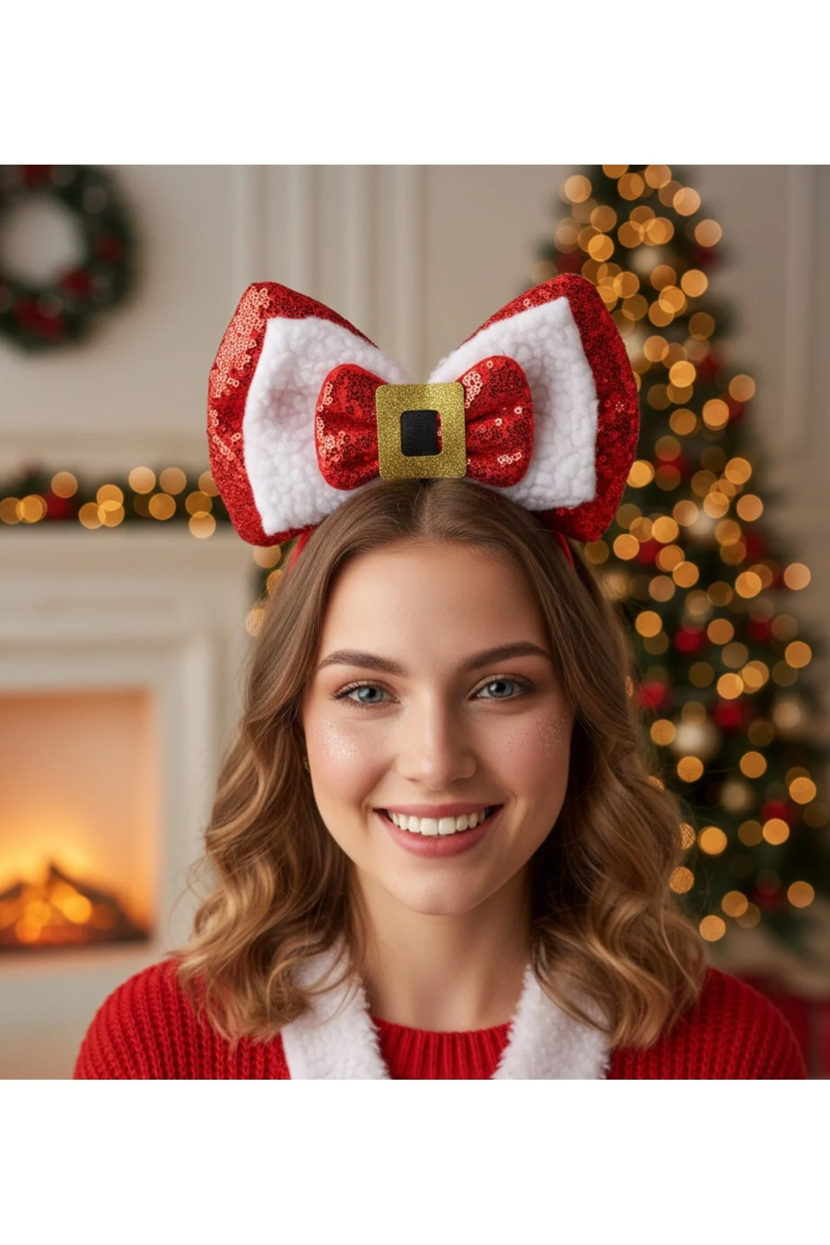 Yeni Yıl Yılbaşı Noel Taçları arlak Kurdele & Kırmızı Şeritli Saç