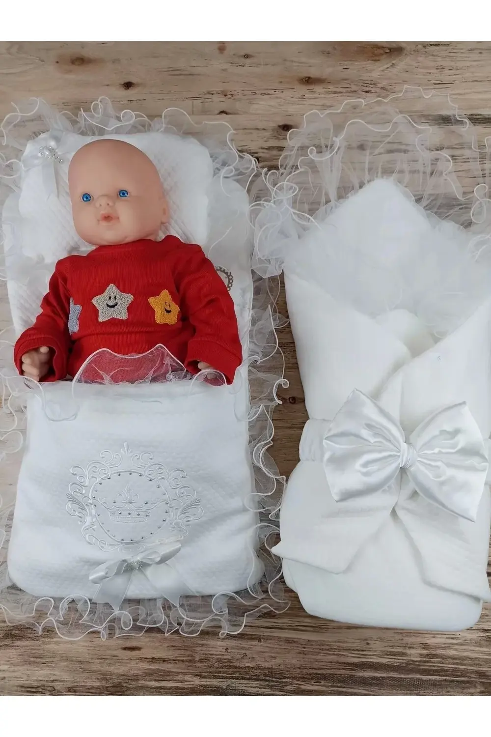 Yenidoğan Bal Peteği Taç Nakışlı Kundaklı Trilüks 3lü Alt Açma Se