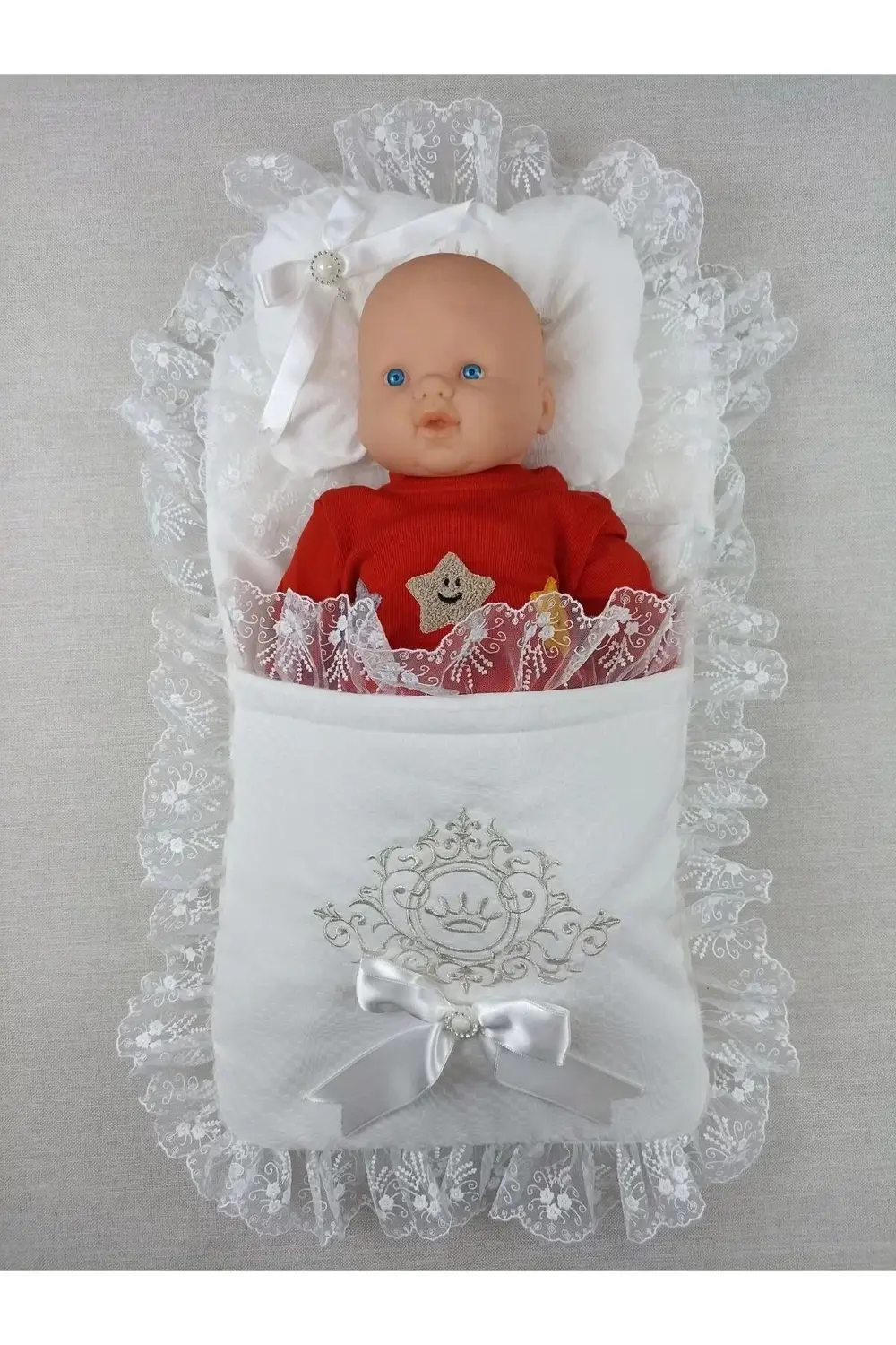 Yenidoğan Bambu Taç Nakışlı Kundaklı Trilüks 3lü Alt Açma Seti Ek