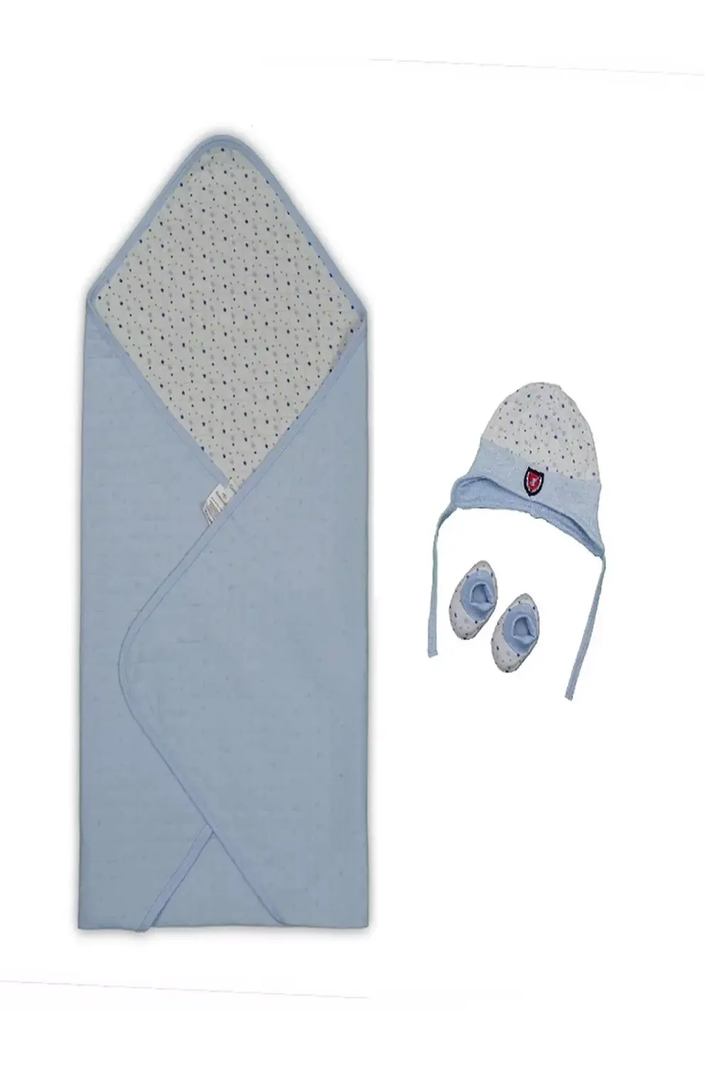 Yenidoğan Baskılı Double Face Şapka Ve Patikli 3lü Bebek Battaniy