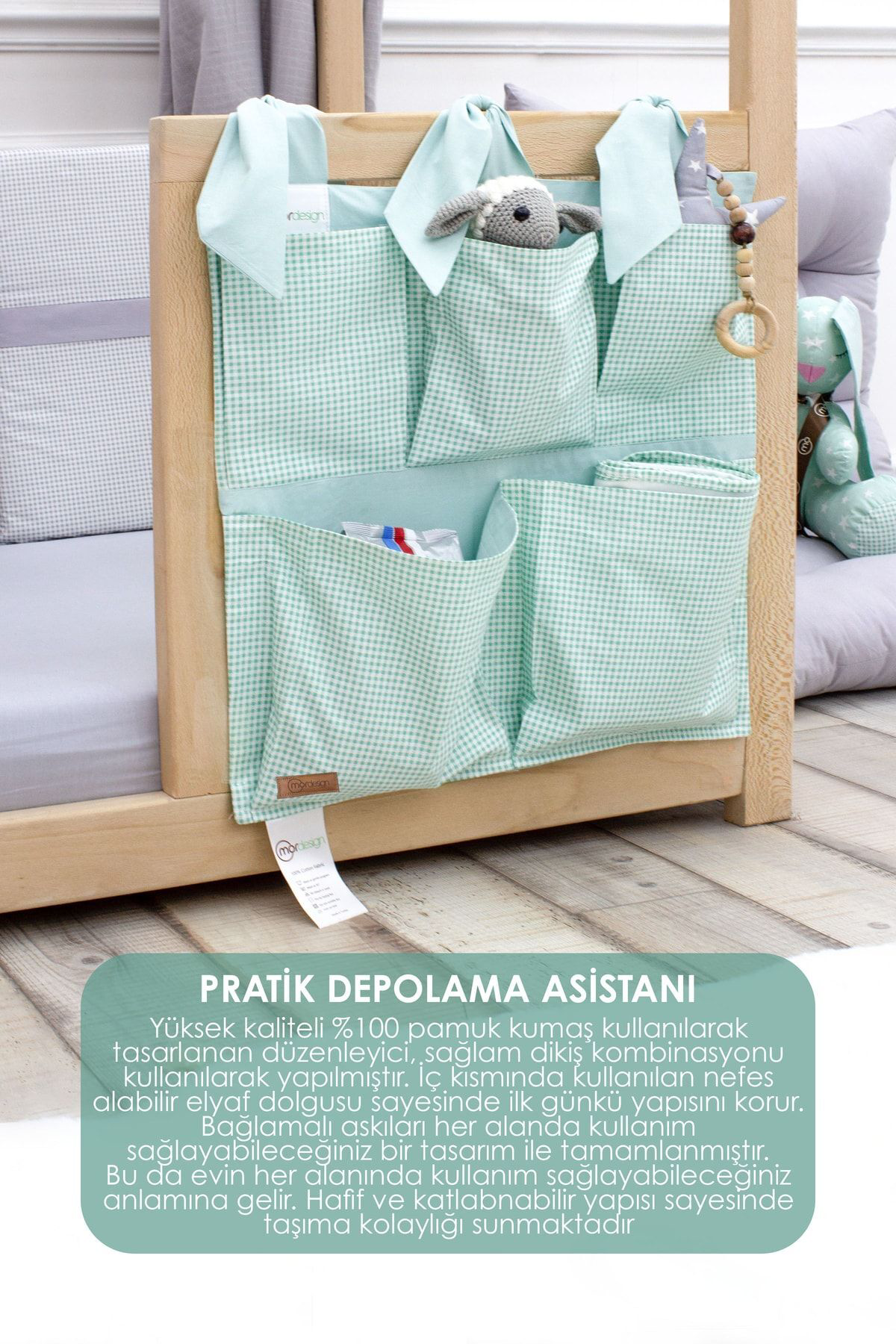 Mordesign Yenidoğan Beşik Yanı Düzenleyici, 5 Cepli Bebek Odası Organizeri,