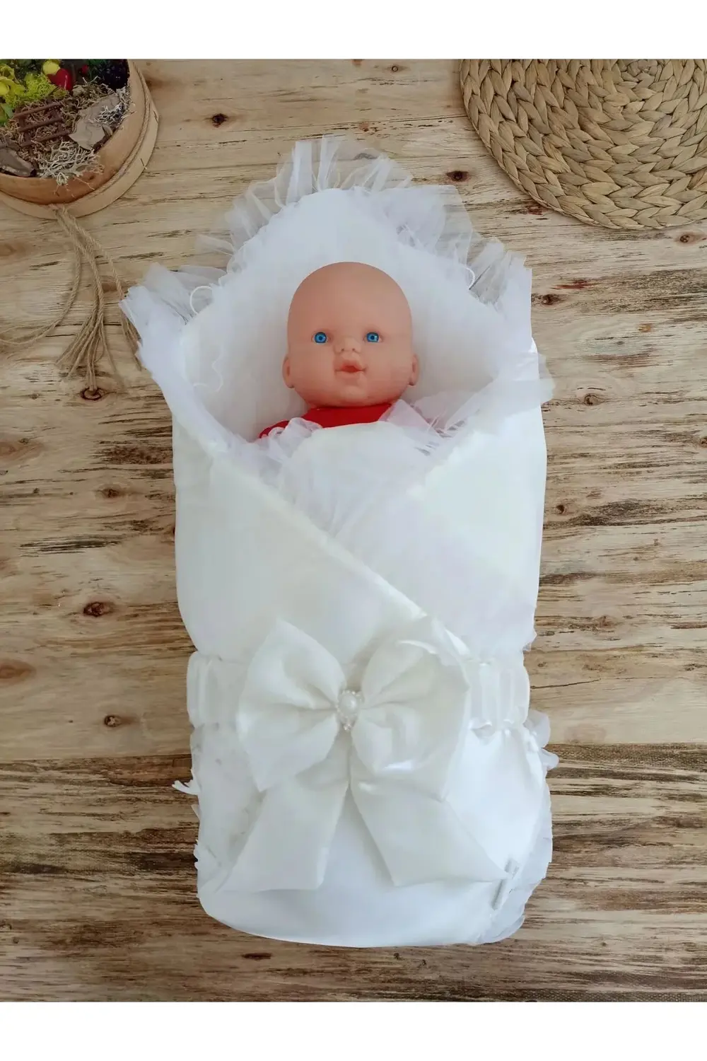 Yenidoğan İzmir İncisi Tül İşlemeli Pamuklu Fiyonklu Kundaklı Lük