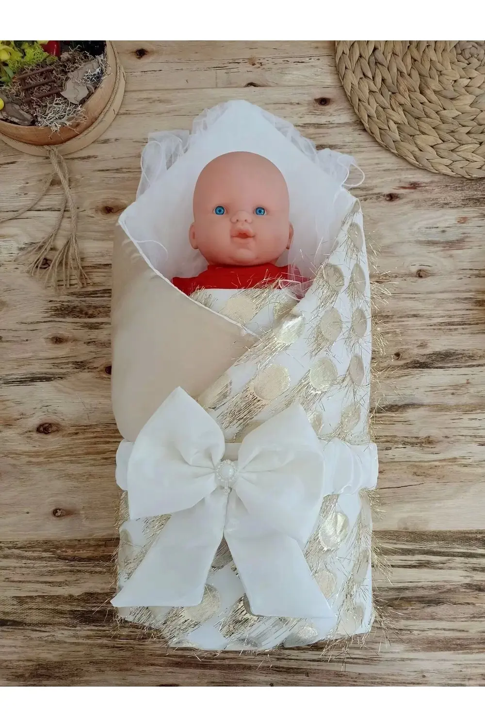 Yenidoğan İzmir İncisi Tül İşlemeli Pamuklu Fiyonklu Kundaklı Lük