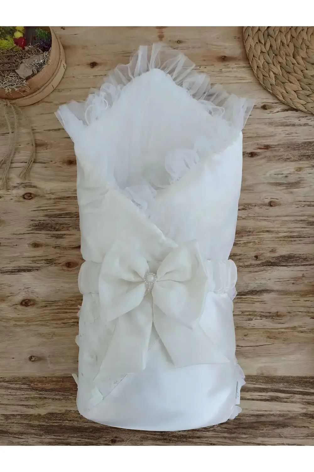 Yenidoğan İzmir İncisi Tül İşlemeli Pamuklu Fiyonklu Kundaklı Lük