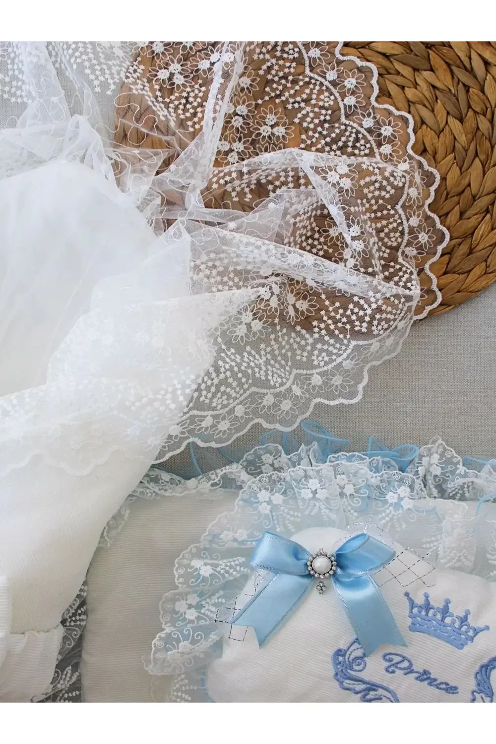 Yenidoğan Nil Taç Nakışlı Kundaklı Trilüks 3lü Alt Açma Seti Mavi