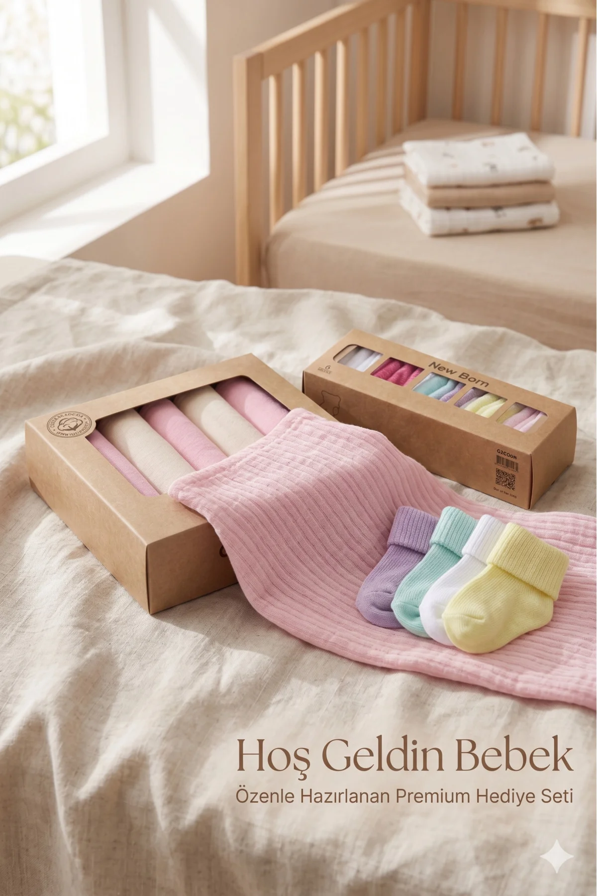 Yenidoğan Premium Hediye Seti Müslin Örtü & Bebek Çorap Kutulu Set Yenidoğan Premium Hediye Seti Müslin Örtü & Bebek Çorap Kutulu Set