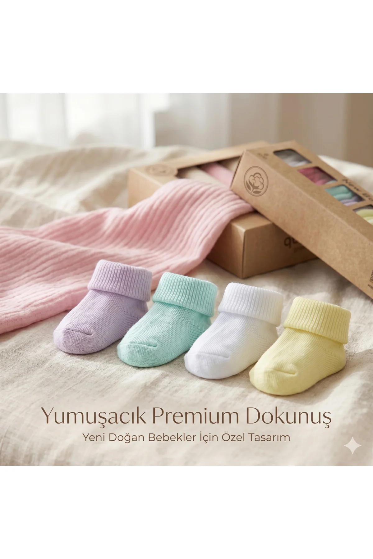 Yenidoğan Premium Hediye Seti Müslin Örtü & Bebek Çorap Kutulu Set Yenidoğan Premium Hediye Seti Müslin Örtü & Bebek Çorap Kutulu Set