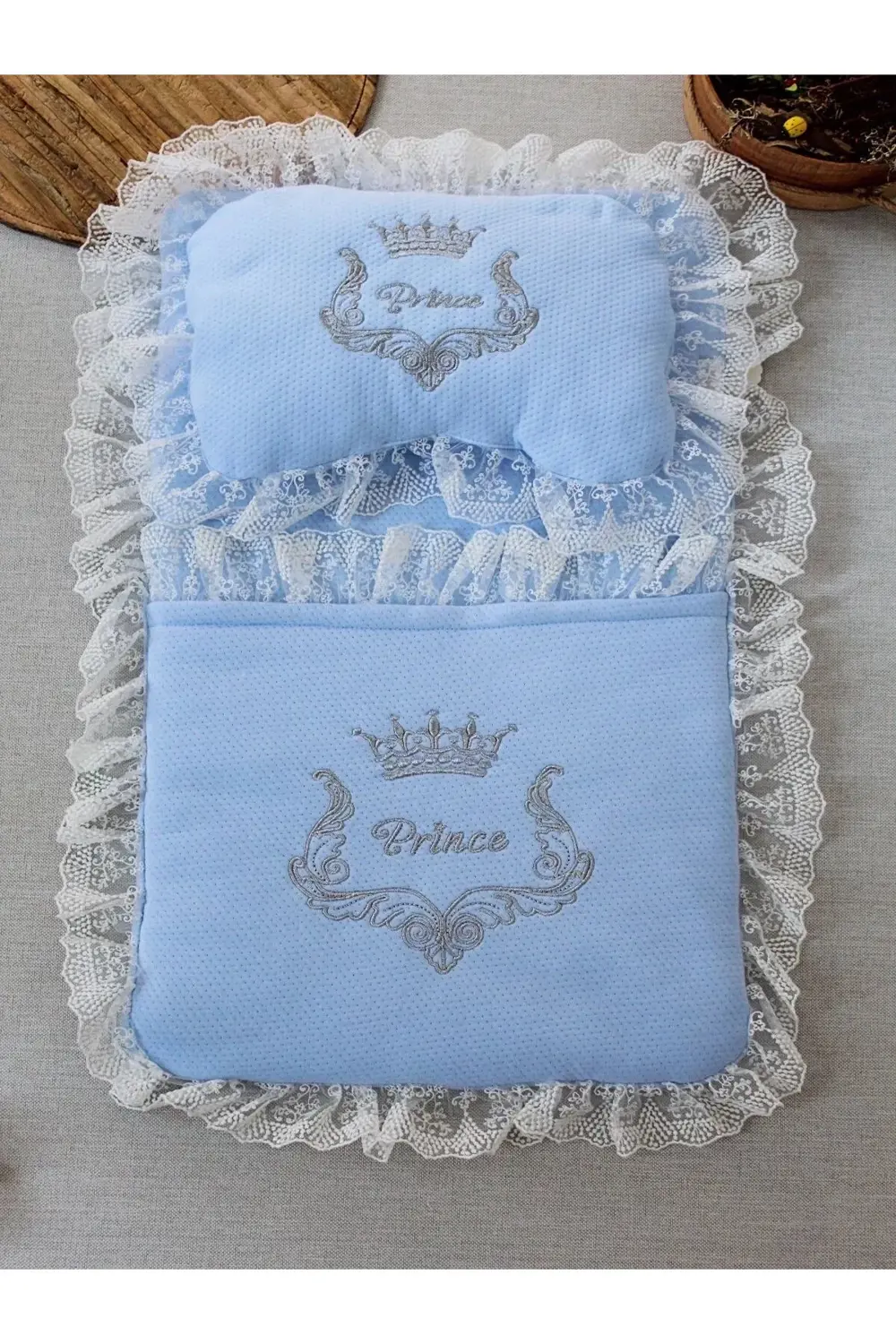 Yenidoğan Sahra Taç Nakışlı Trilüks 2li Alt Açma Seti Mavi