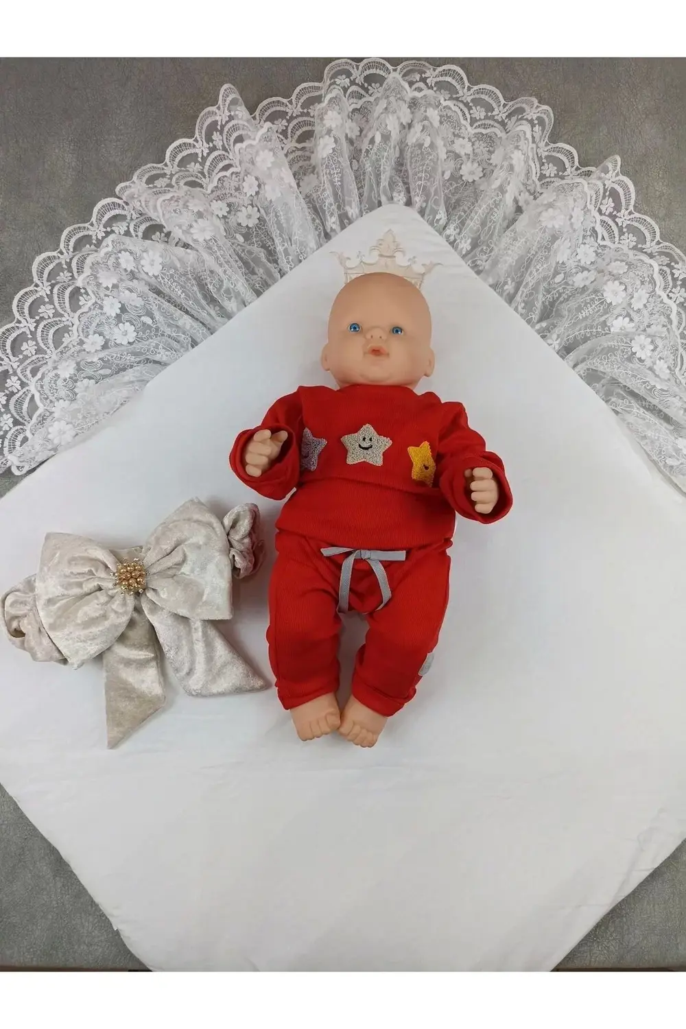 Yenidoğan Saray Kadife Taç Nakışlı İnci Fiyonklu Çift Dantel Duva