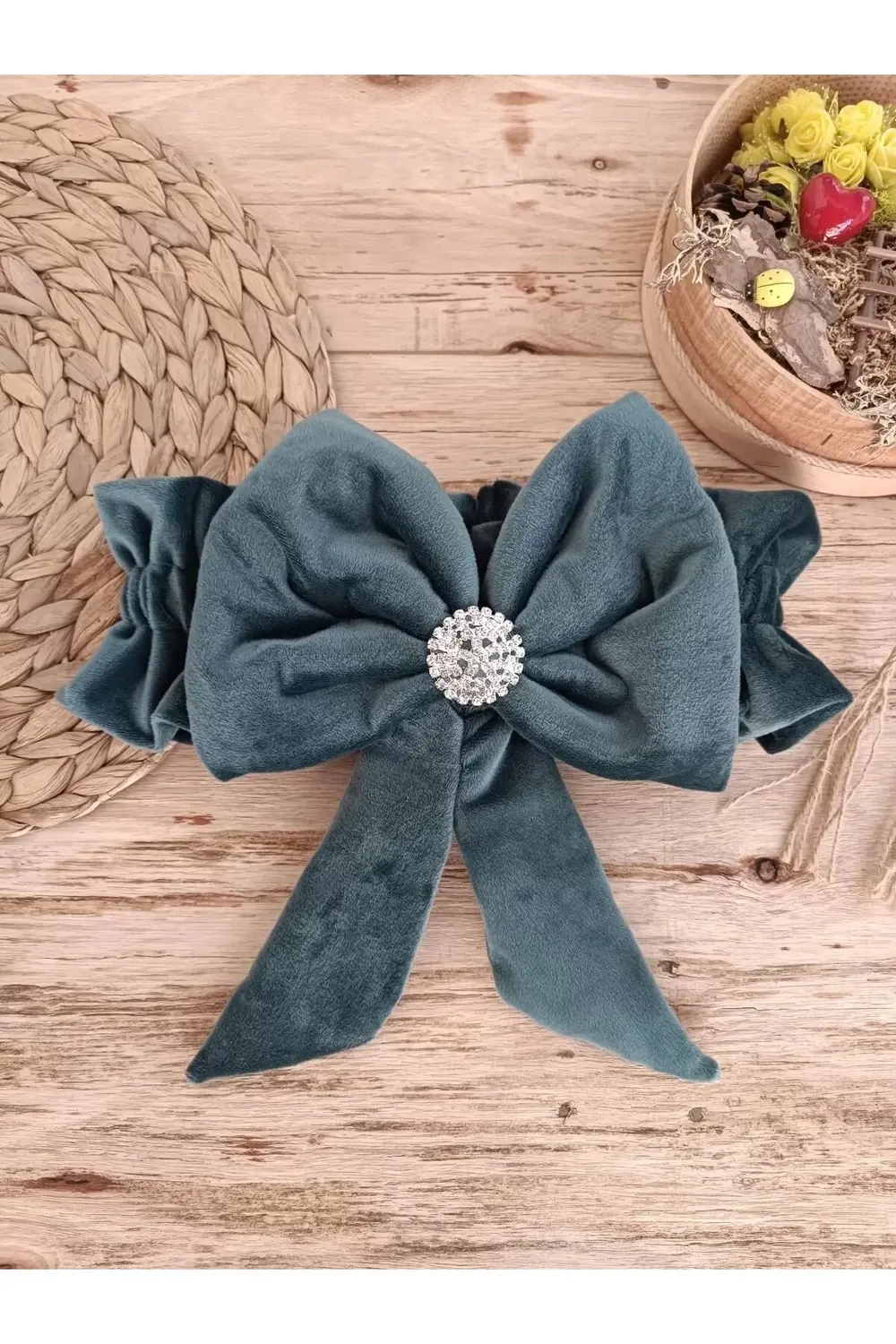 Yenidoğan Saray Kadife Taç Nakışlı İnci Fiyonklu Dantel Duvak Tri