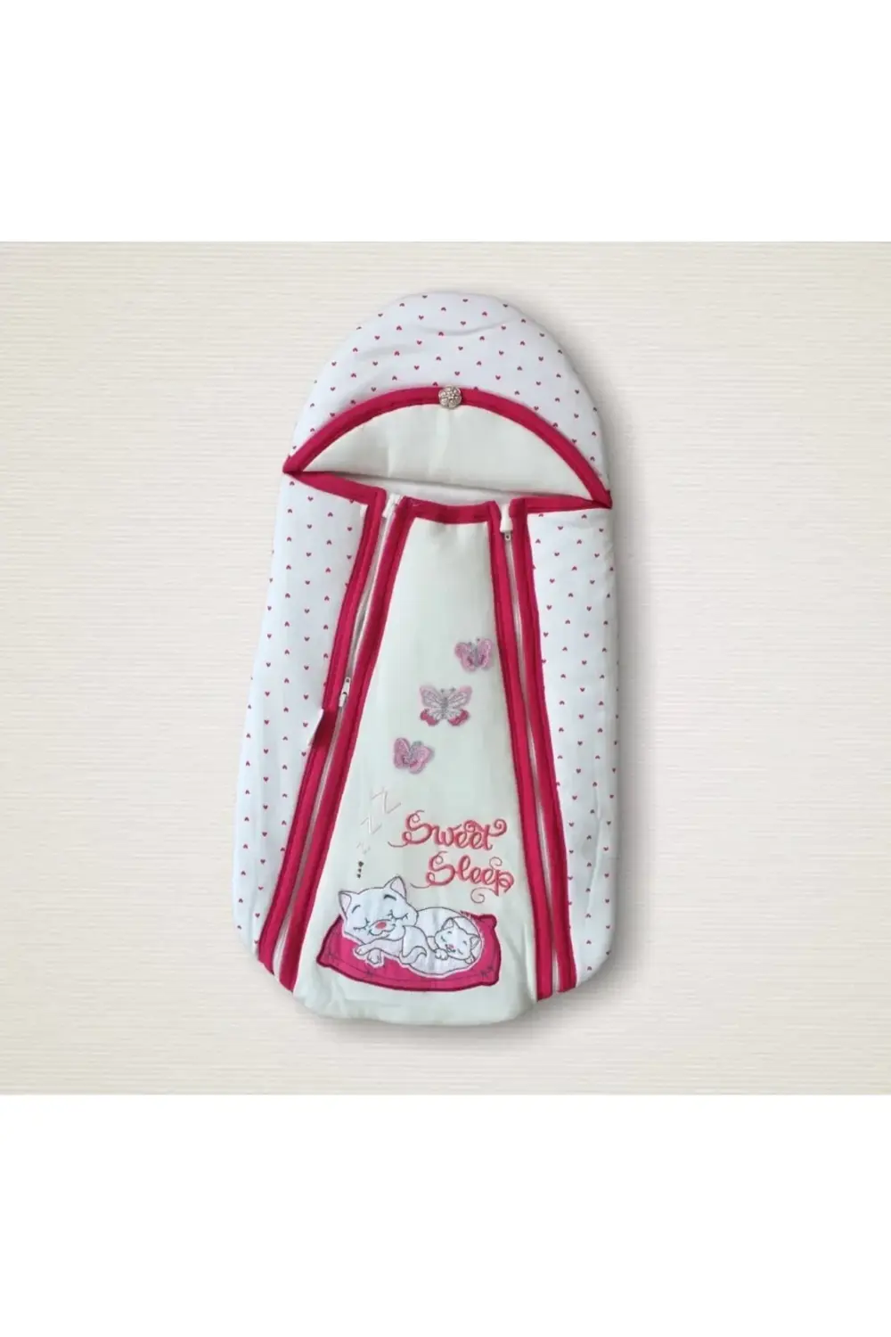 Yenidoğan Sevimli Uykucu Kedi Nakışlı Şapkalı Çift Fermuarlı Kız