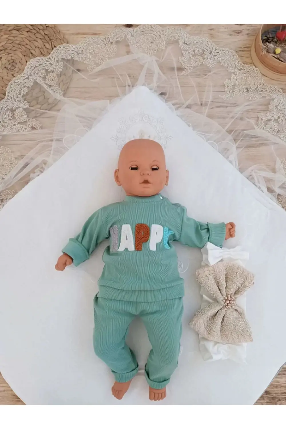 Yenidoğan Teri Cotton Taç Nakışlı Prizma Taş Kundak Bebek Battani