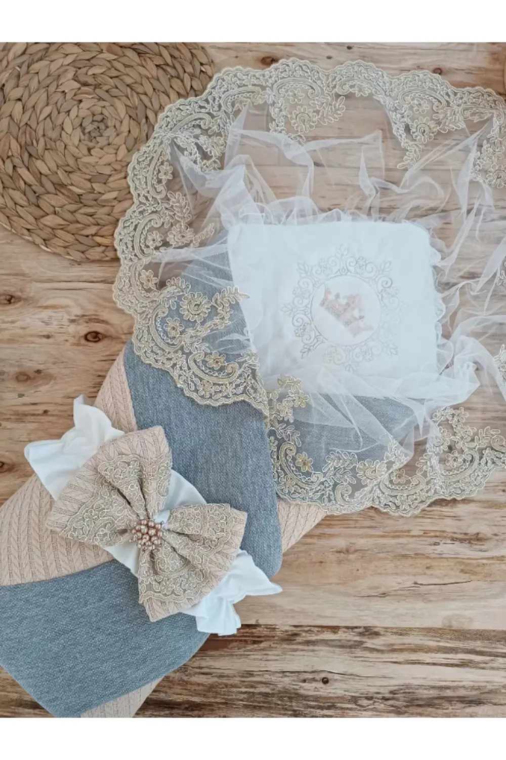 Yenidoğan Teri Cotton Taç Nakışlı Prizma Taş Kundak Bebek Battani