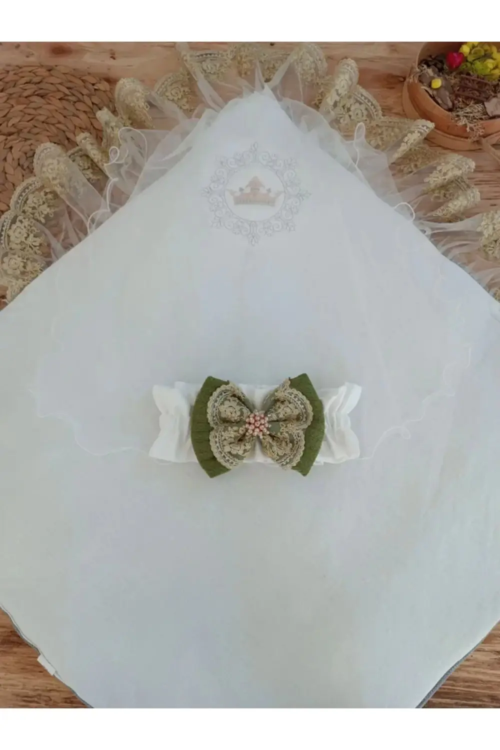Yenidoğan Teri Cotton Taç Nakışlı Prizma Taş Kundak Bebek Battani