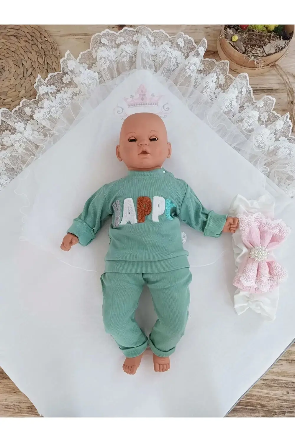 Yenidoğan Teri Cotton Taç Nakışlı Prizma Taş Kundak Bebek Battani