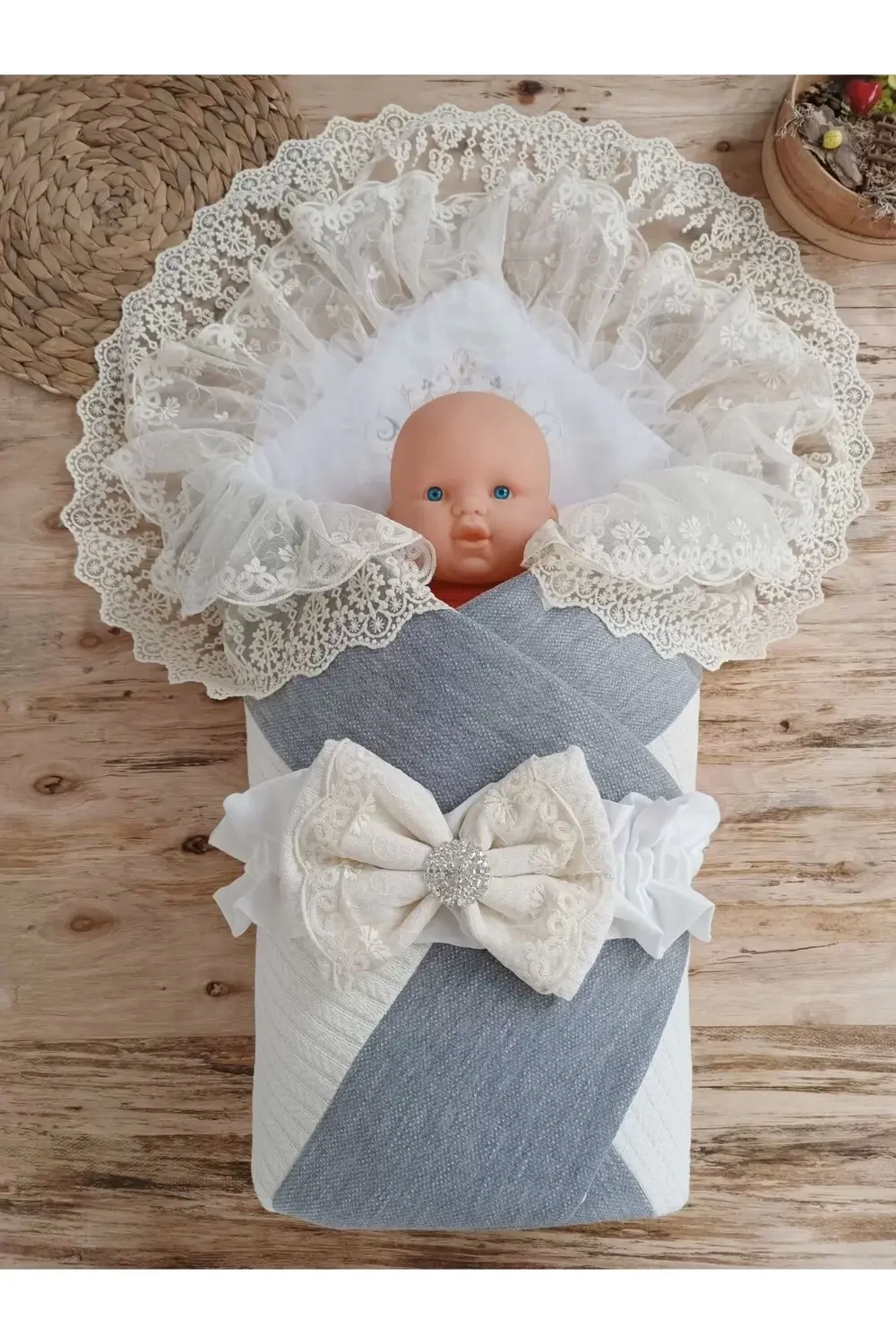 Yenidoğan Teri Cotton Taç Nakışlı Prizma Taş Kundak Bebek Battani