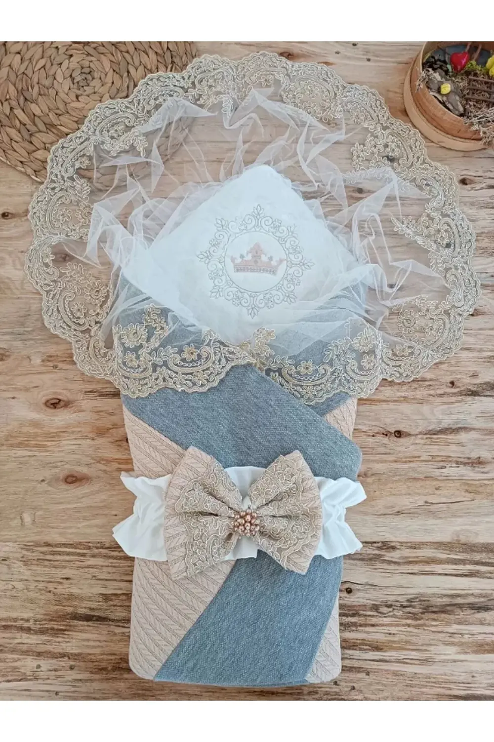 Yenidoğan Teri Cotton Taç Nakışlı Prizma Taş Kundak Bebek Battani