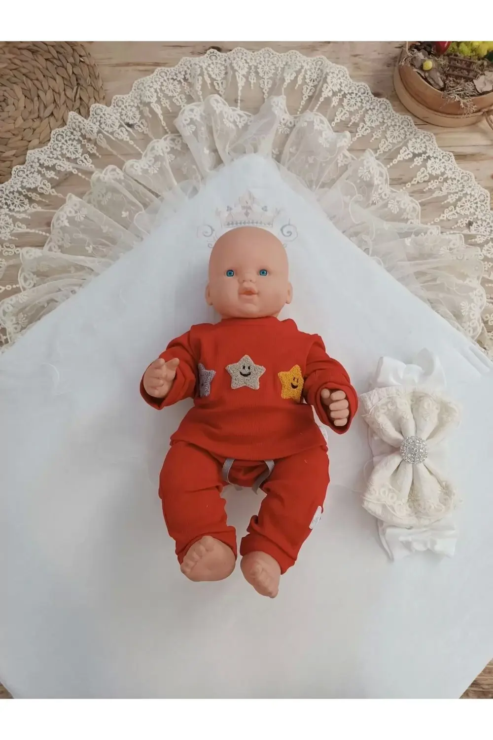 Yenidoğan Teri Cotton Taç Nakışlı Prizma Taş Kundak Bebek Battani