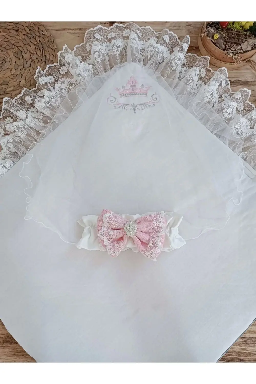 Yenidoğan Teri Cotton Taç Nakışlı Prizma Taş Kundak Bebek Battani