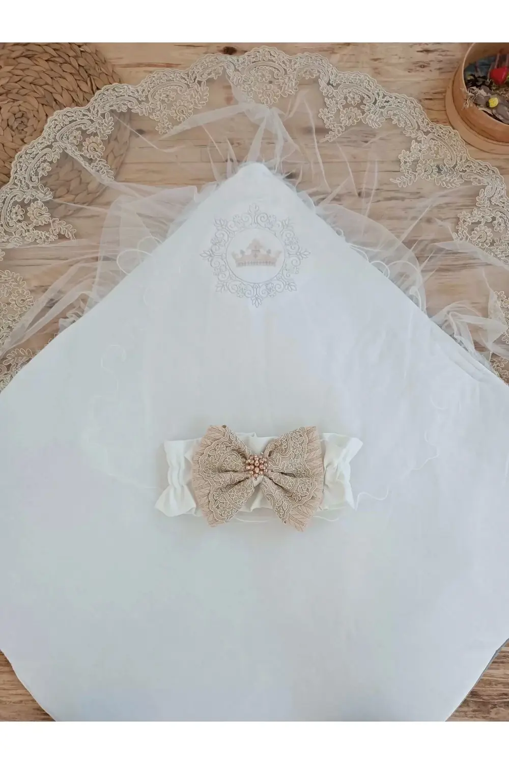 Yenidoğan Teri Cotton Taç Nakışlı Prizma Taş Kundak Bebek Battani