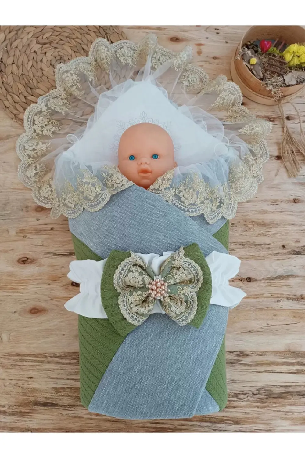 Yenidoğan Teri Cotton Taç Nakışlı Prizma Taş Kundak Bebek Battani