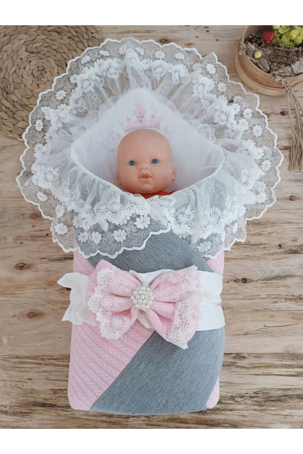 Yenidoğan Teri Cotton Taç Nakışlı Prizma Taş Kundak Bebek Battani