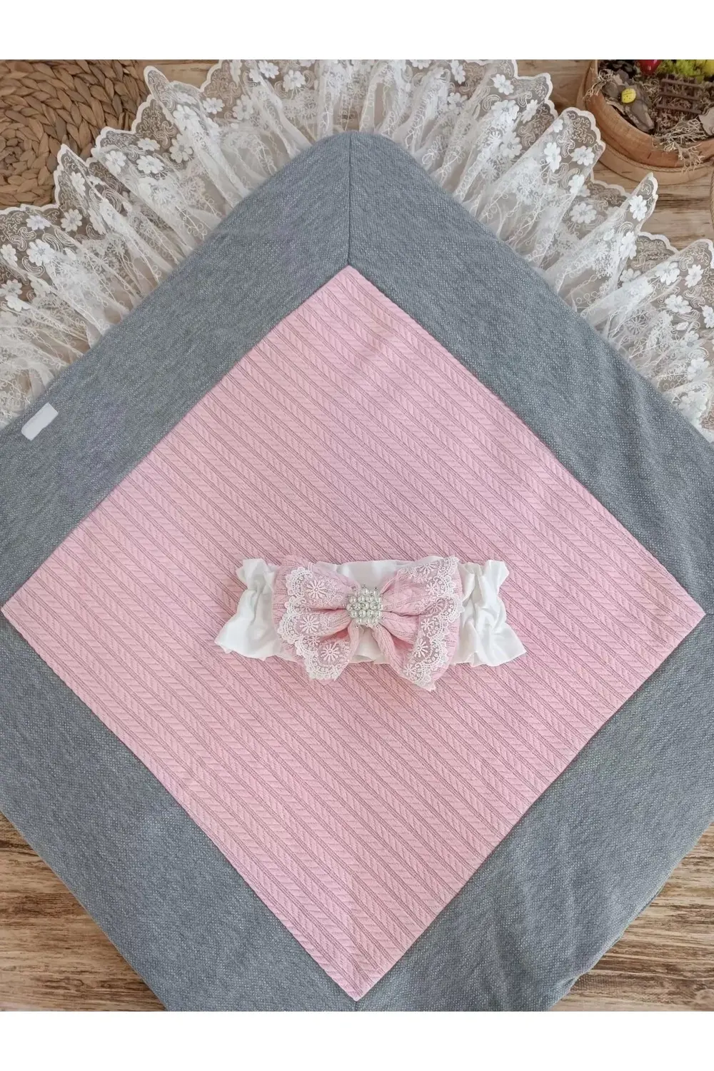 Yenidoğan Teri Cotton Taç Nakışlı Prizma Taş Kundak Bebek Battani