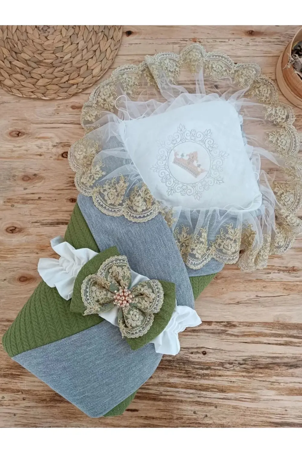 Yenidoğan Teri Cotton Taç Nakışlı Prizma Taş Kundak Bebek Battani