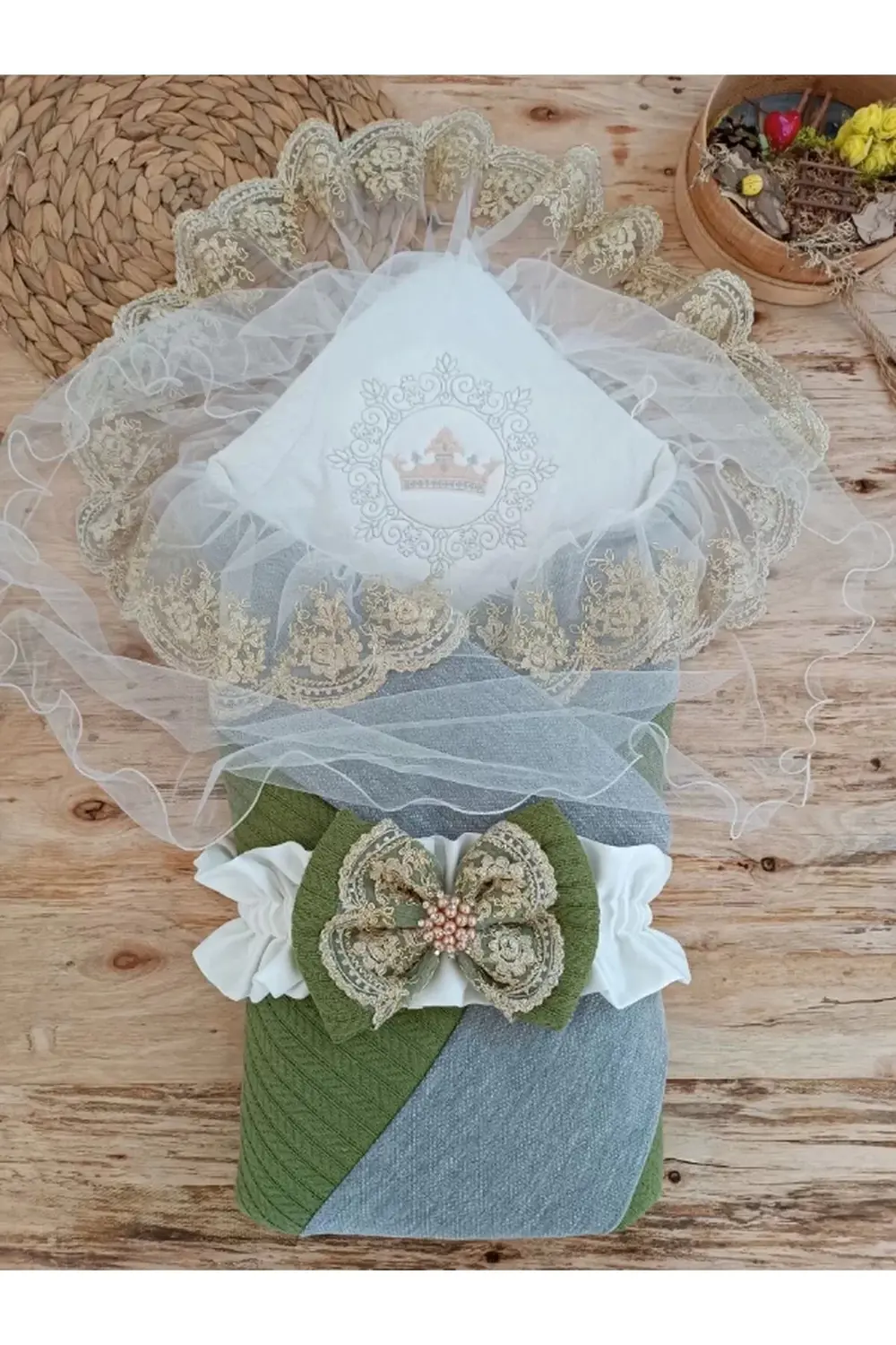 Yenidoğan Teri Cotton Taç Nakışlı Prizma Taş Kundak Bebek Battani