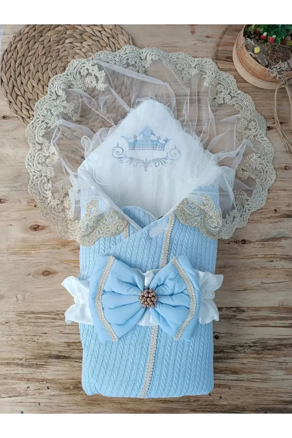 Yenidoğan Tericotton Örgülü Trilüx Bebek Battaniyesi Kundak Mavi