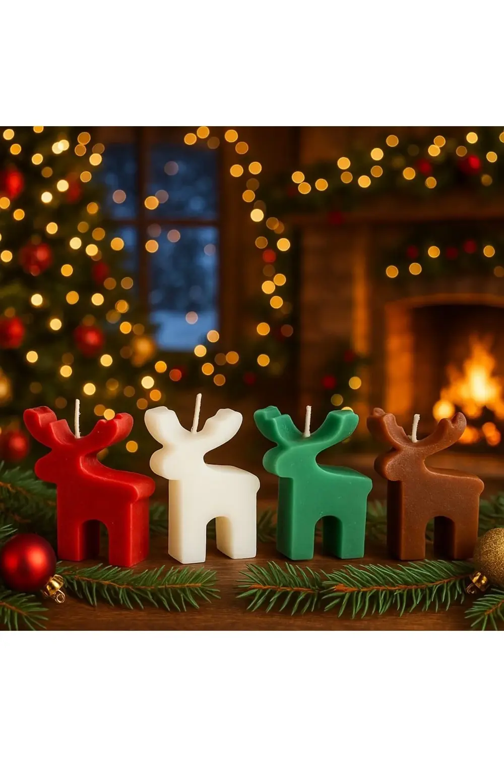 Yeniyıl yılbaşı konseptli hediyelik dekoratif 4 lü geyik mum