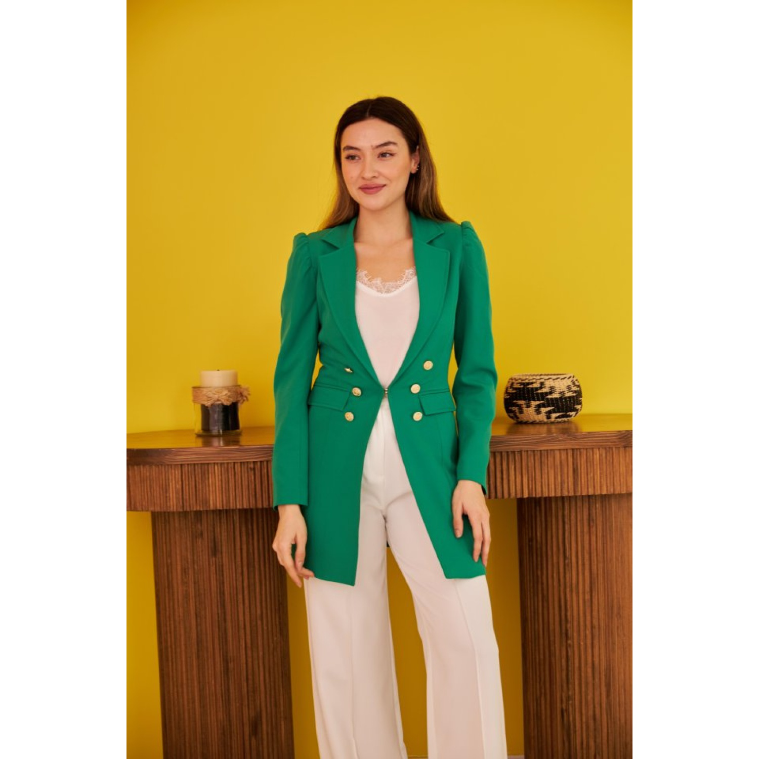 Yeşil Blazer Düğmeli Ceket