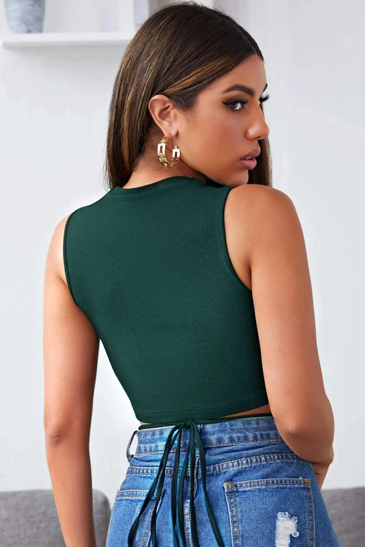 Yeşil Çapraz Bağlamalı Crop Top Büstiyer