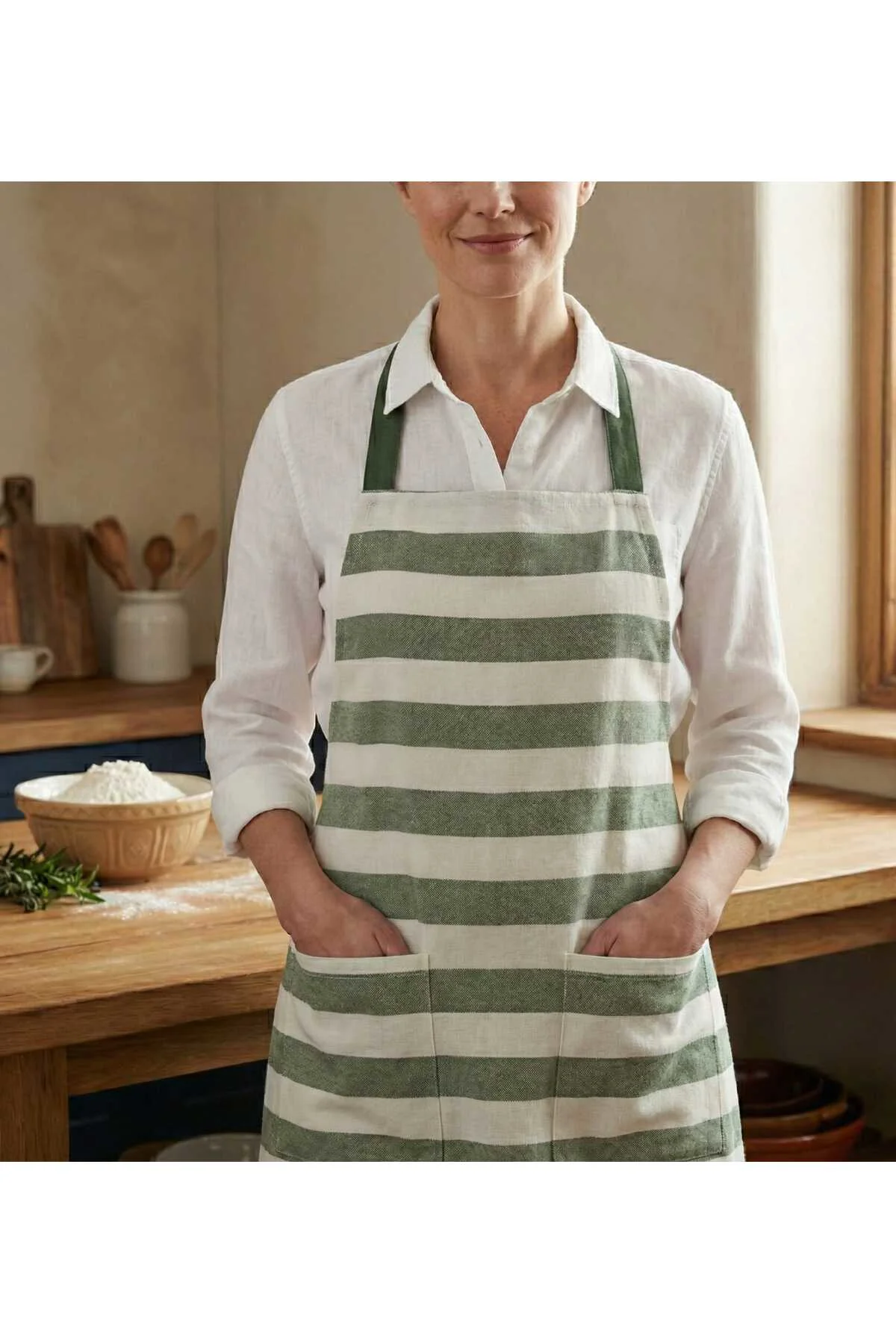 Yeşil Çizgili Pamuklu Mutfak Önlüğü