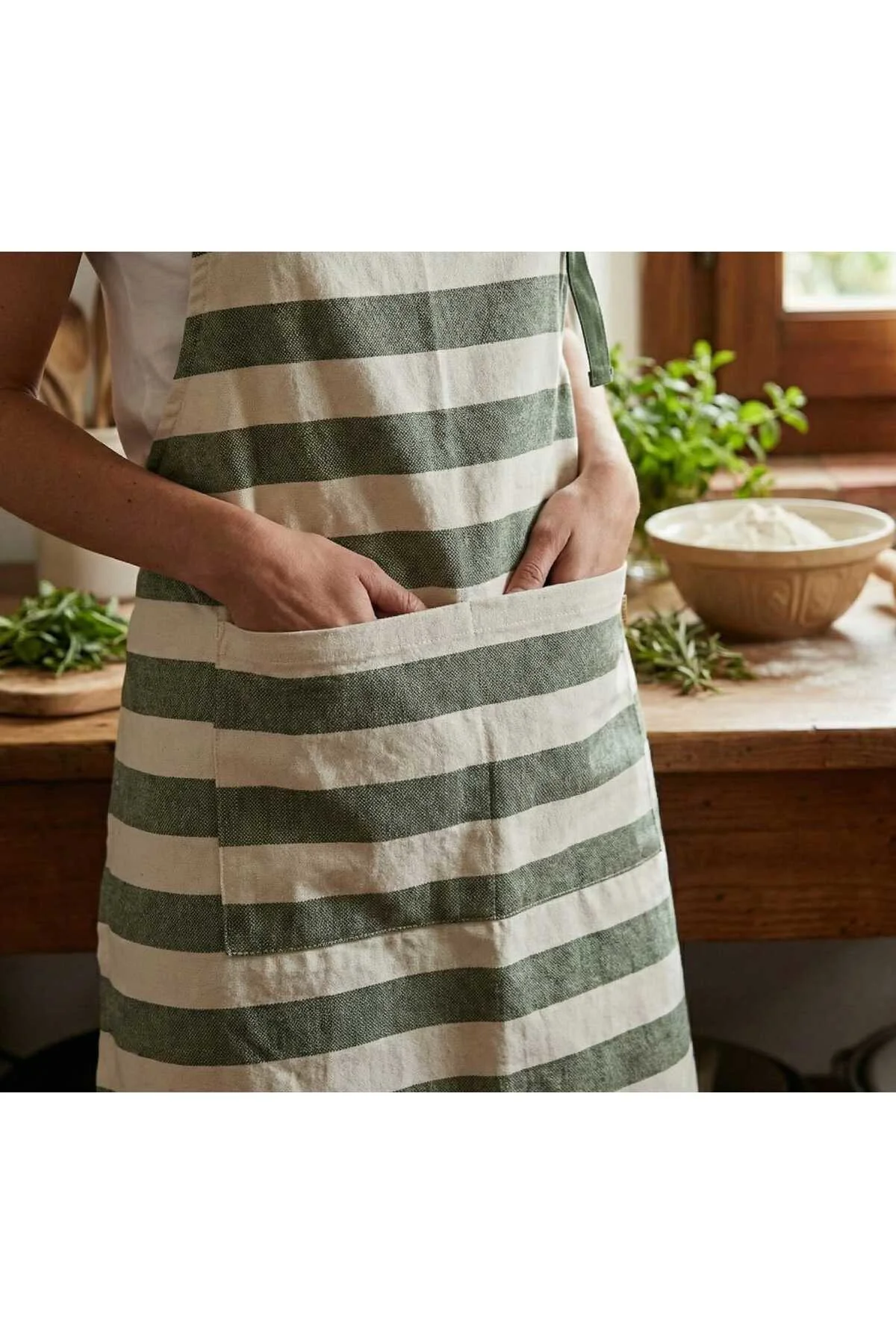 Yeşil Çizgili Pamuklu Mutfak Önlüğü