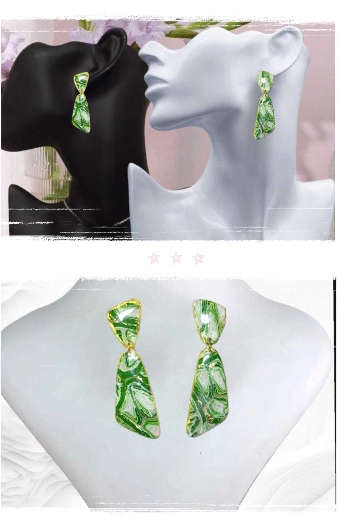 Yeşil Doğaltaş Görünümlü Polimer Kil & Epoksi Tasarım Küpe