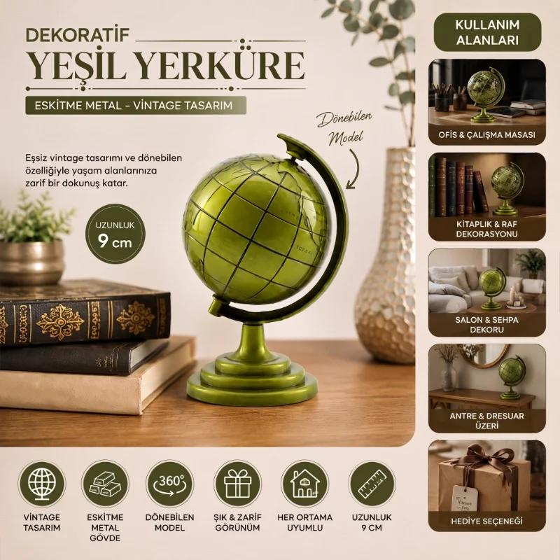 Yeşil Eskitme Dünya Biblosu - Metal - Küçük Boy - Dekoratif Süs Eşyası