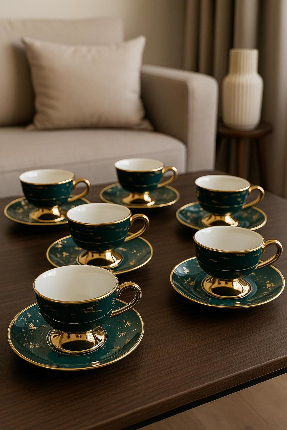 Yeşil Gold Desenli Lüks 6’lı Porselen Kahve Fincan Takımı