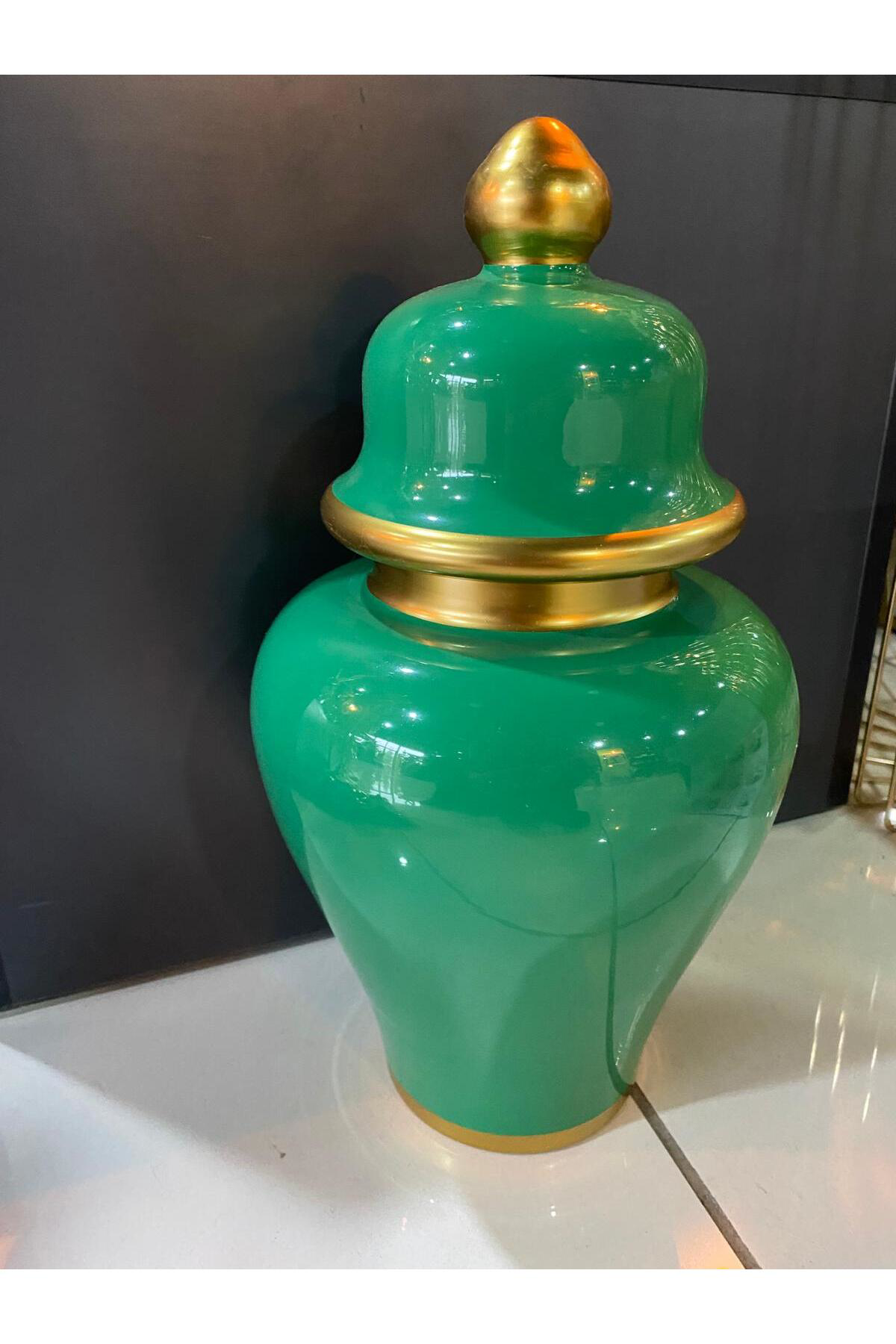 Yeşil Gold Detaylı Kapaklı Orta Boy Küp Dekor Vazo 42cm