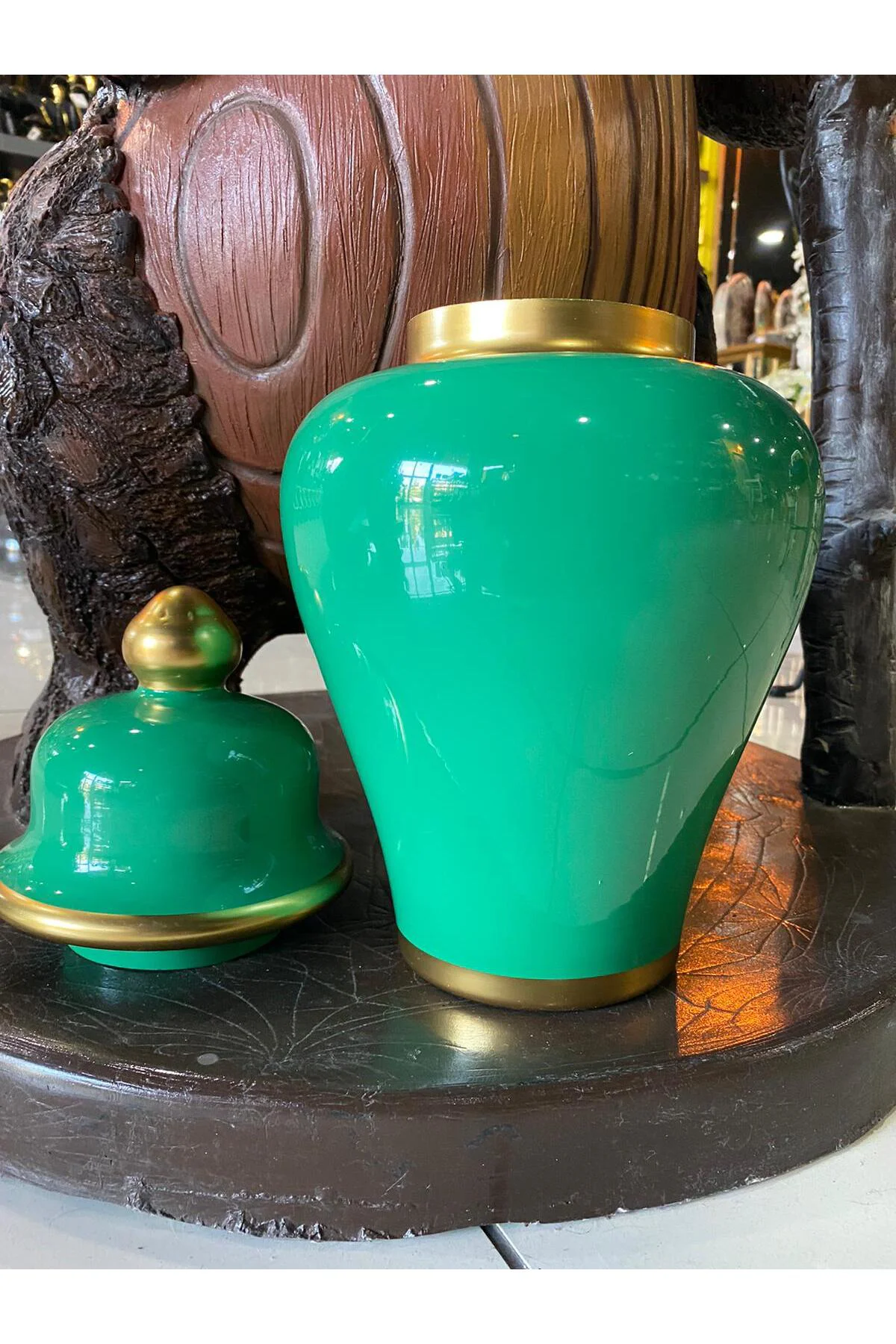 Yeşil Gold Detaylı Kapaklı Küçük Boy Küp Dekor Vazo 35cm