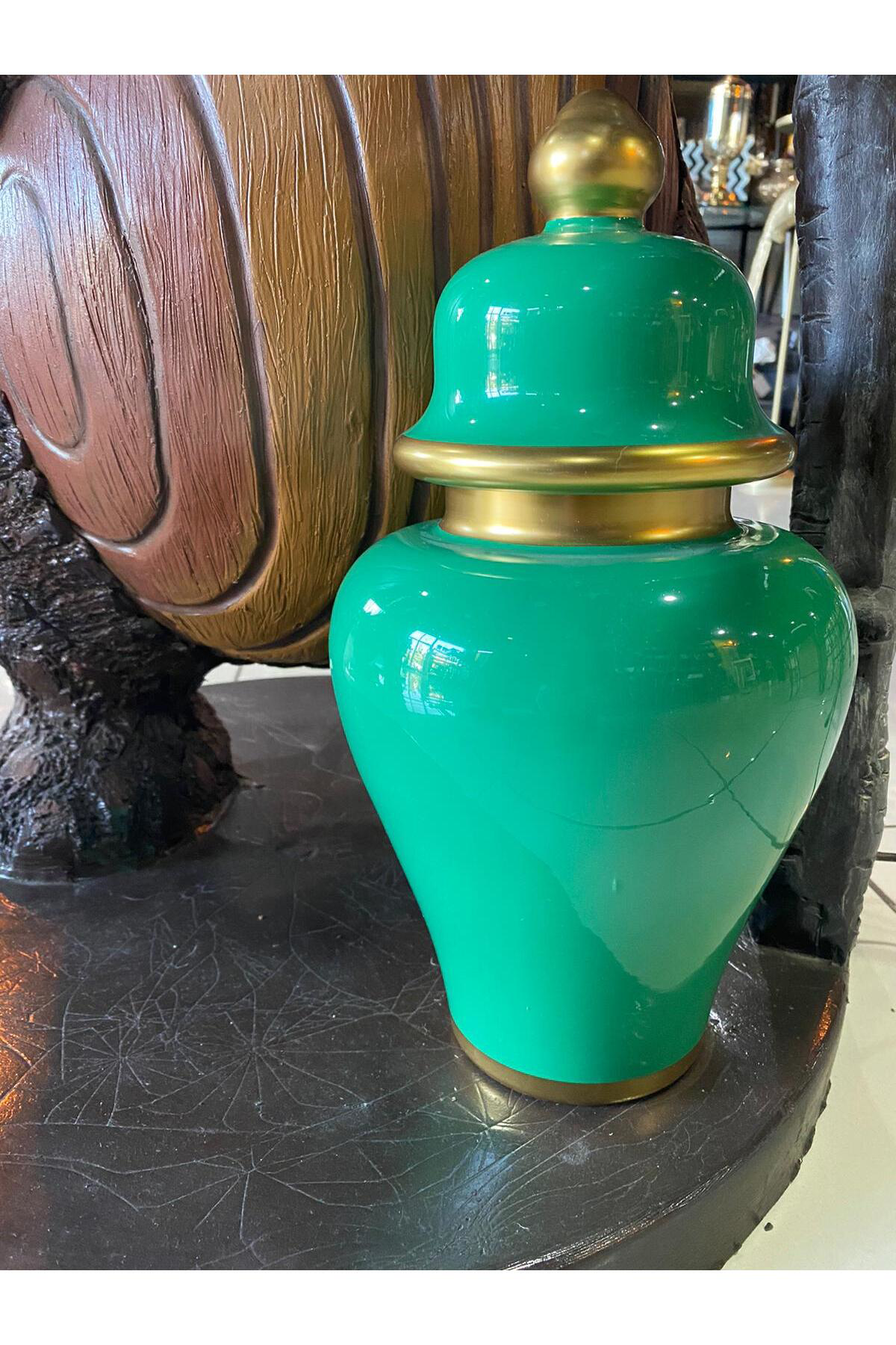 Elif Aksesuar Yeşil Gold Detaylı Kapaklı Küçük Boy Küp Dekor Vazo 35Cm