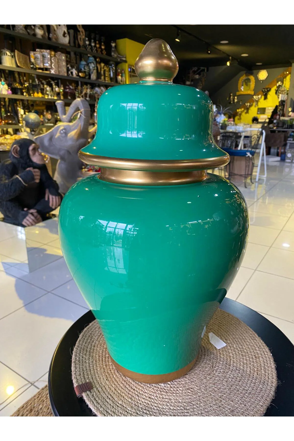 Yeşil Gold Detaylı Kapaklı Büyük Küp Dekor Vazo 50cm