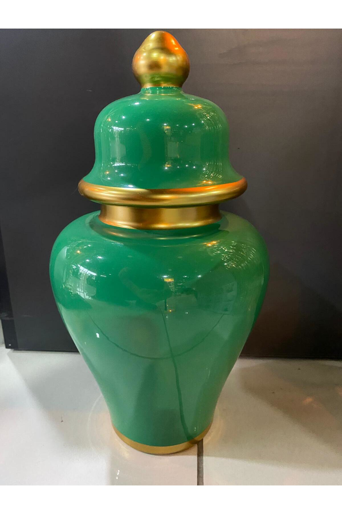 Yeşil Gold Detaylı Kapaklı Orta Boy Küp Dekor Vazo 42cm