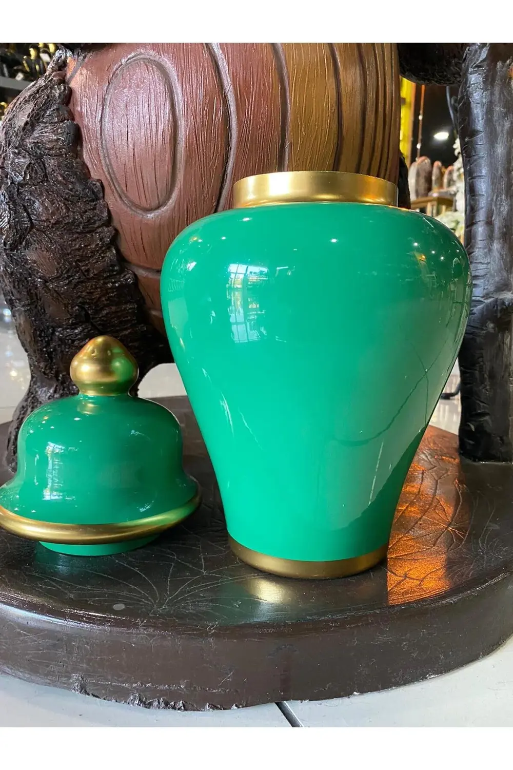 Yeşil Gold Detaylı Kapaklı Küçük Boy Küp Dekor Vazo 35cm