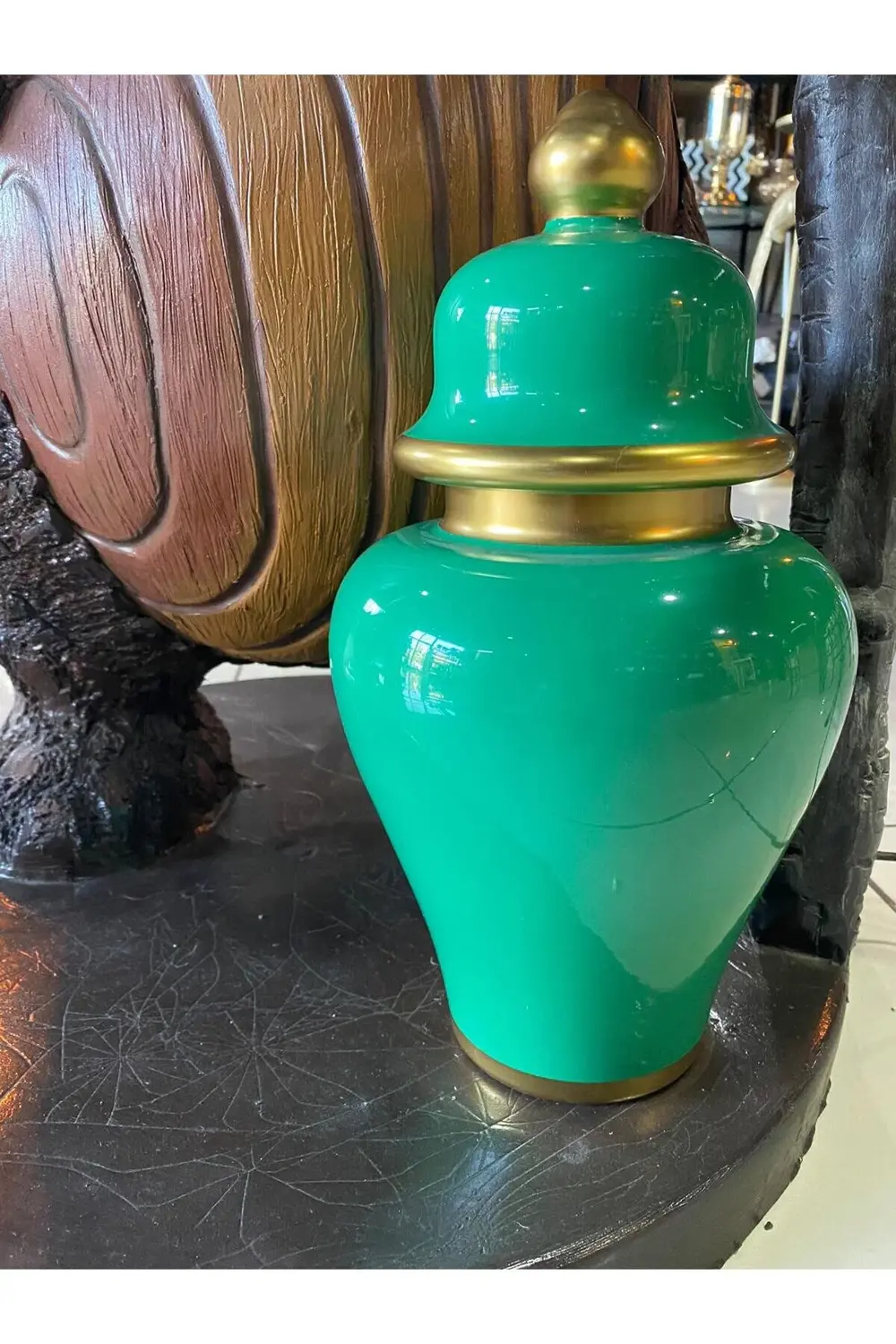 Yeşil Gold Detaylı Kapaklı Küçük Boy Küp Dekor Vazo 35cm