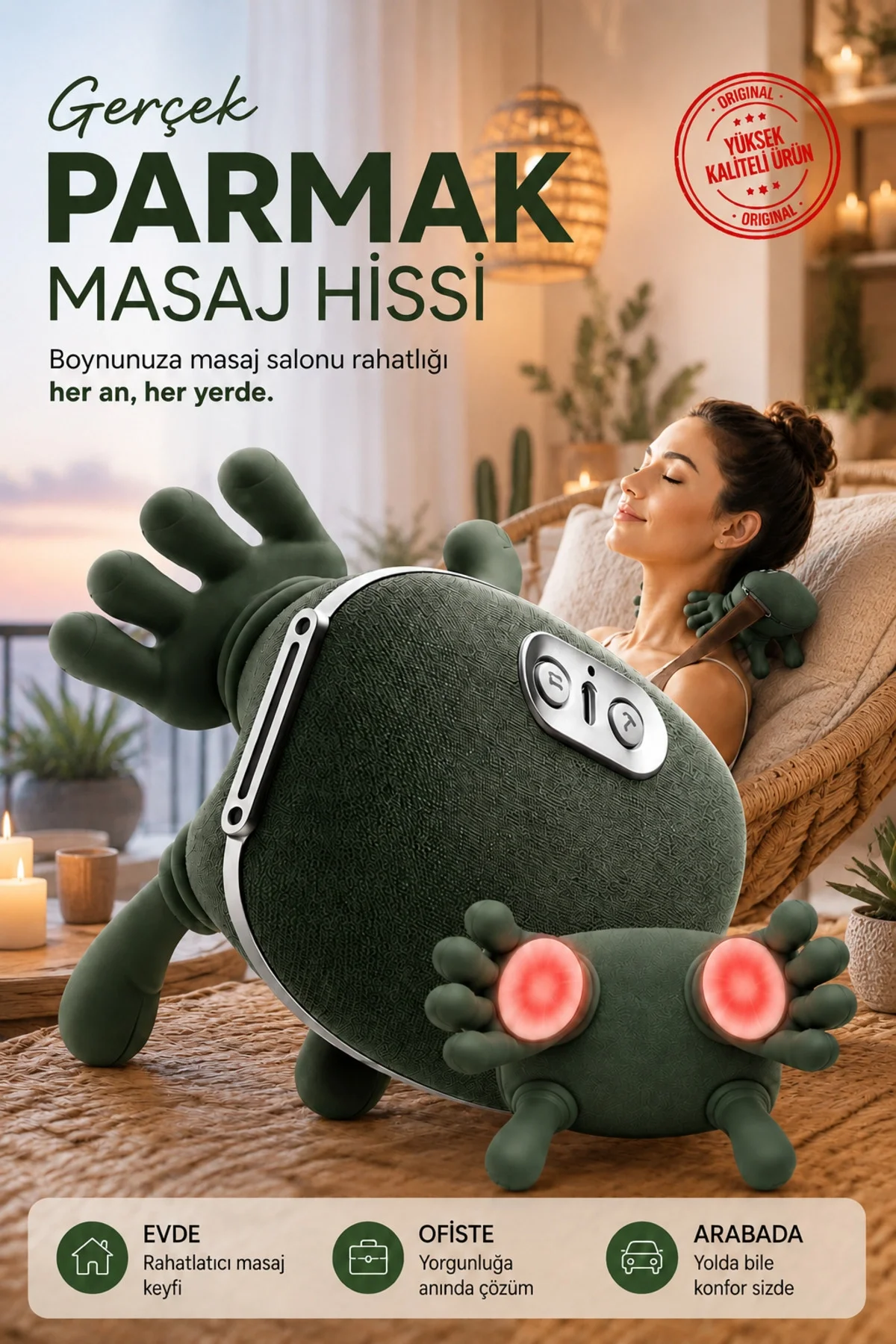Yeşil Isıtmalı El Hissi Boyun Omuz ve Sırt Masaj Yastığı Şarjlı Yoğurma Etkili Model