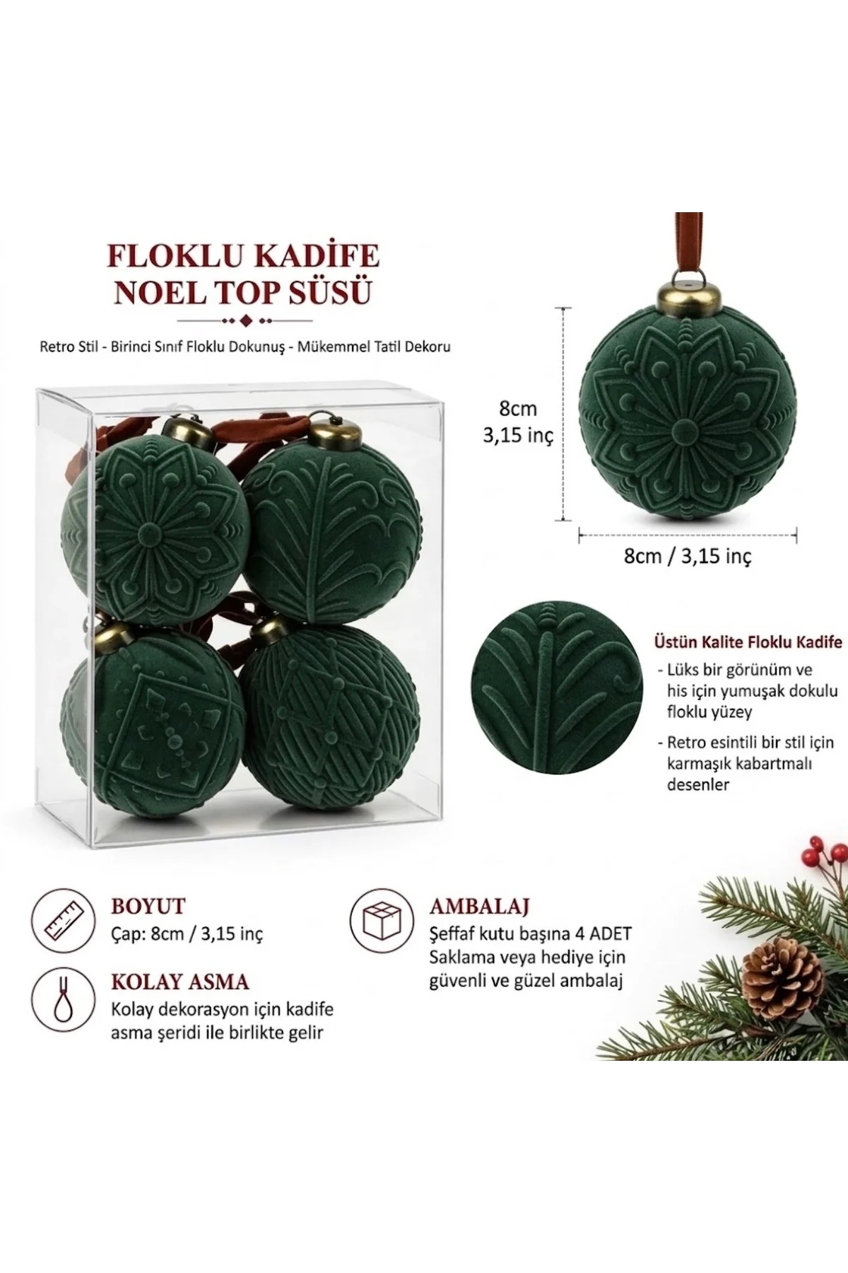 Yeşil Kadife Yılbaşı Ağaç Süsü 4'lü Set – Kabartma Desenli Lüks Floklu Top Süsler (8 cm) - Görsel 2